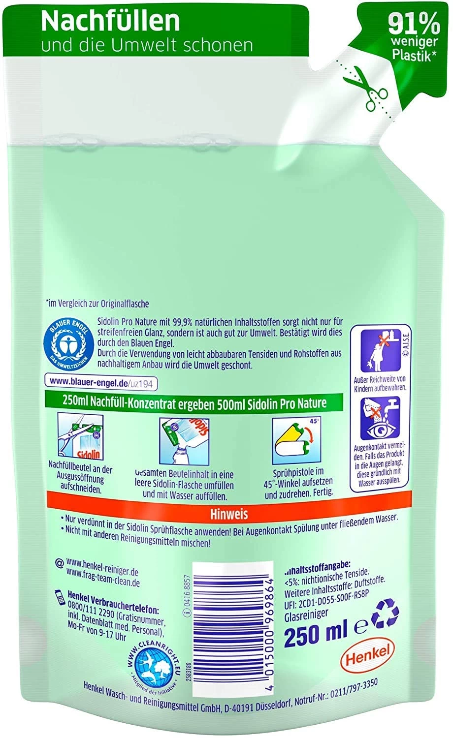Sidolin Pro Nature PH-neutraler Glasreiniger Reinigung 250 Ml Nachfüllpack 4 Sidolin Pro Nature PH-neutraler Glasreiniger Reinigung 250 Ml Nachfüllpack – Bild 4